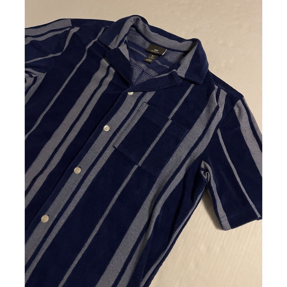 H&M Terry Cloth Striped Button Down Regular Fit Men’s Shirt SMALL Blue Soft Boho